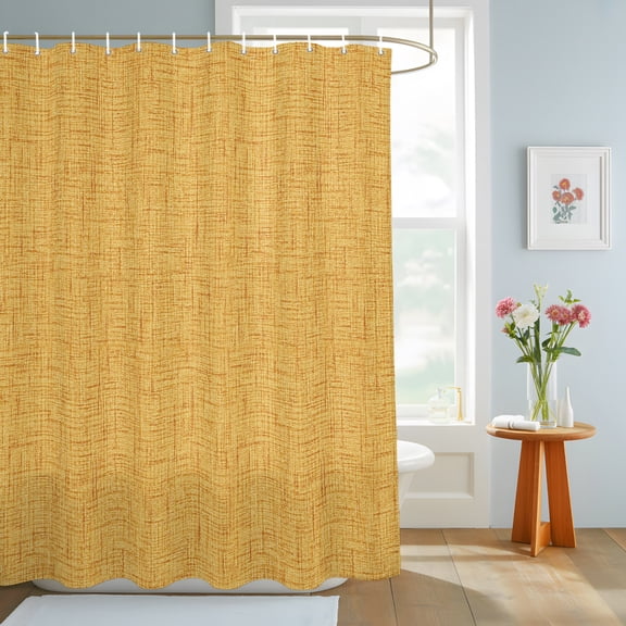 Mustard Yellow Solid Shower Curtain, Minimalist Cloth Rustic Yellow Linen Texture Waterproof Washable Shower Curtain for Bathroom Bathtub Partition Bath Decoration Set with Hooks 60x72in