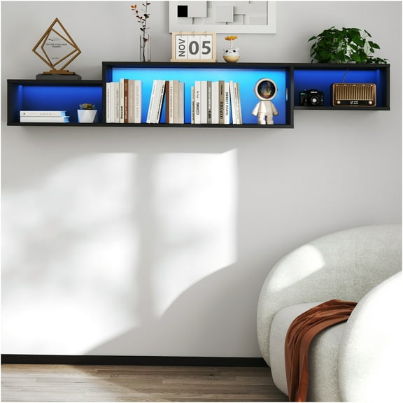 JERFIT 65 inch Floating TV Stand Wall Mount with LED Lights & USB Charging, Modern Entertainment Center for TVs up to 70 inches, Black