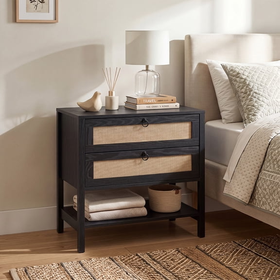 Costway 1 PCS 27” Rattan Nightstand, Bedside Table with 2 Drawers Open Storage Shelf for Bedroom Black Oak