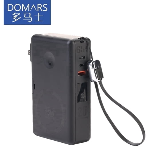 Domars 20000mAh 65W 2-in-1 Wall Charger Power Bank, 25W Dual Wireless Fast Charging PD QC3.0 Laptop Portable Charger with Phone Stand & Built-in Lanyard Cable