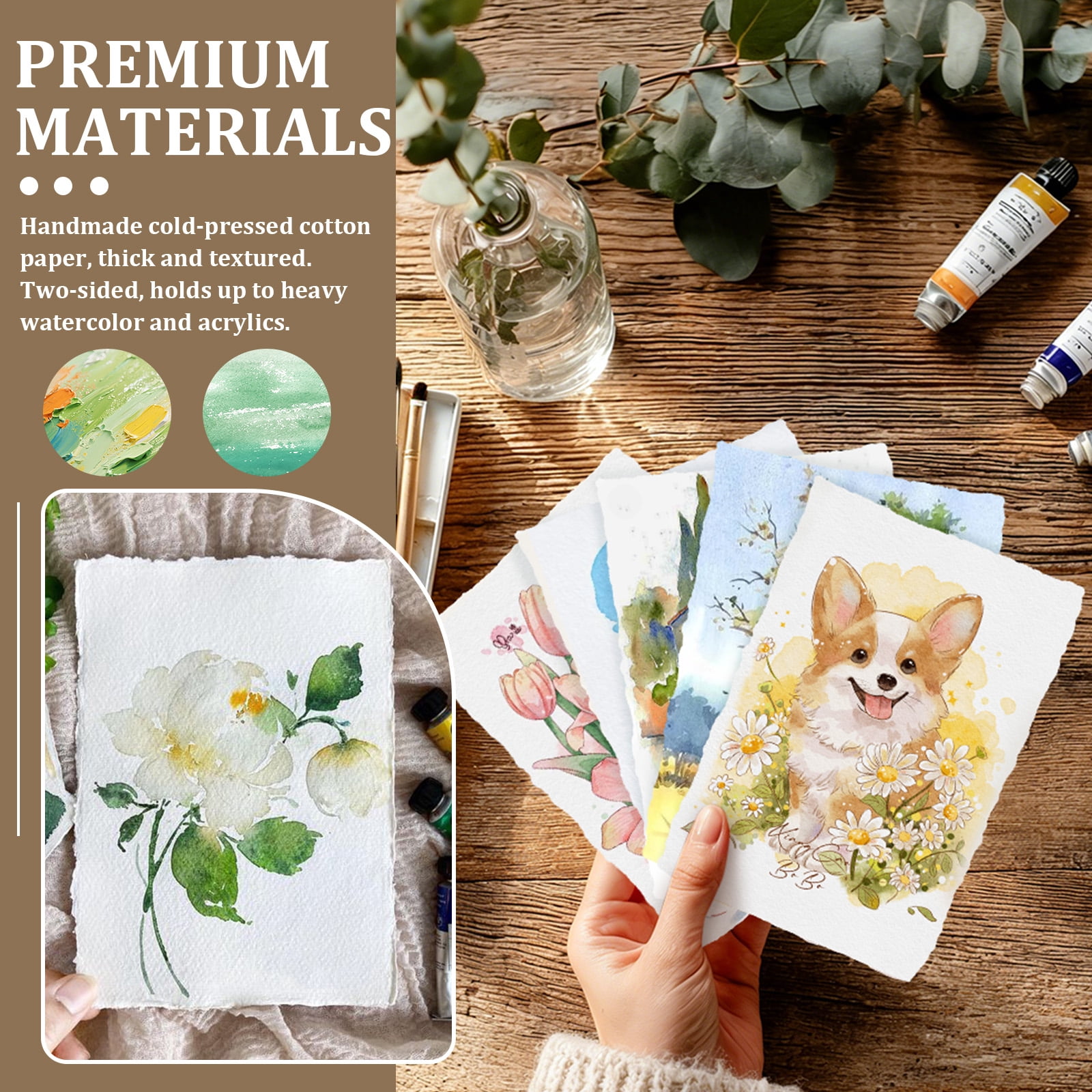 Ikoopy 50 Sheet Watercolor Paper 300gsm Handmade Deckled Edge Thick Textured Paper for Watercolors Weddings Invitations Cards Crafts