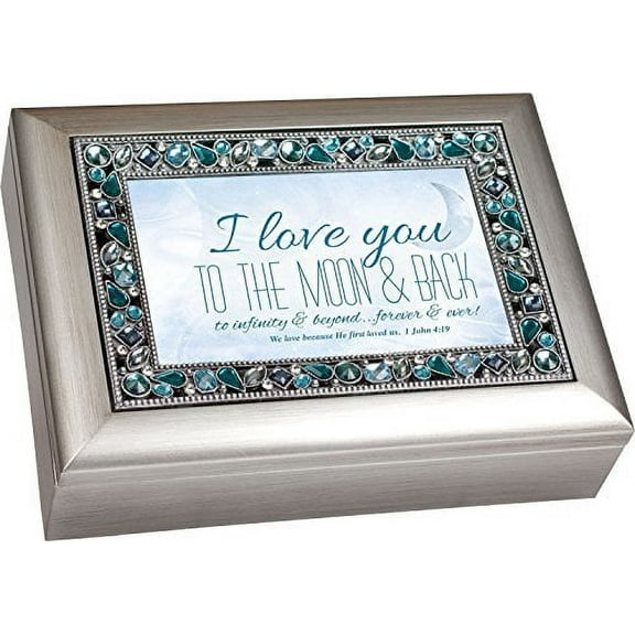 I Love You Moon & Back Brushed Silver Finish Inspirational Music Box Plays How Great Thou Art