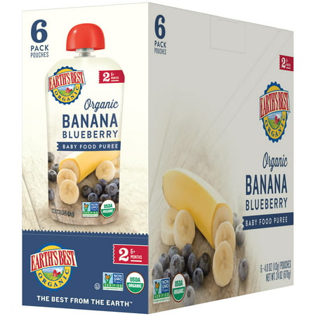 (6 Pouches) Earth's Best Organic Stage 2 Baby Food, Banana Blueberry, 4