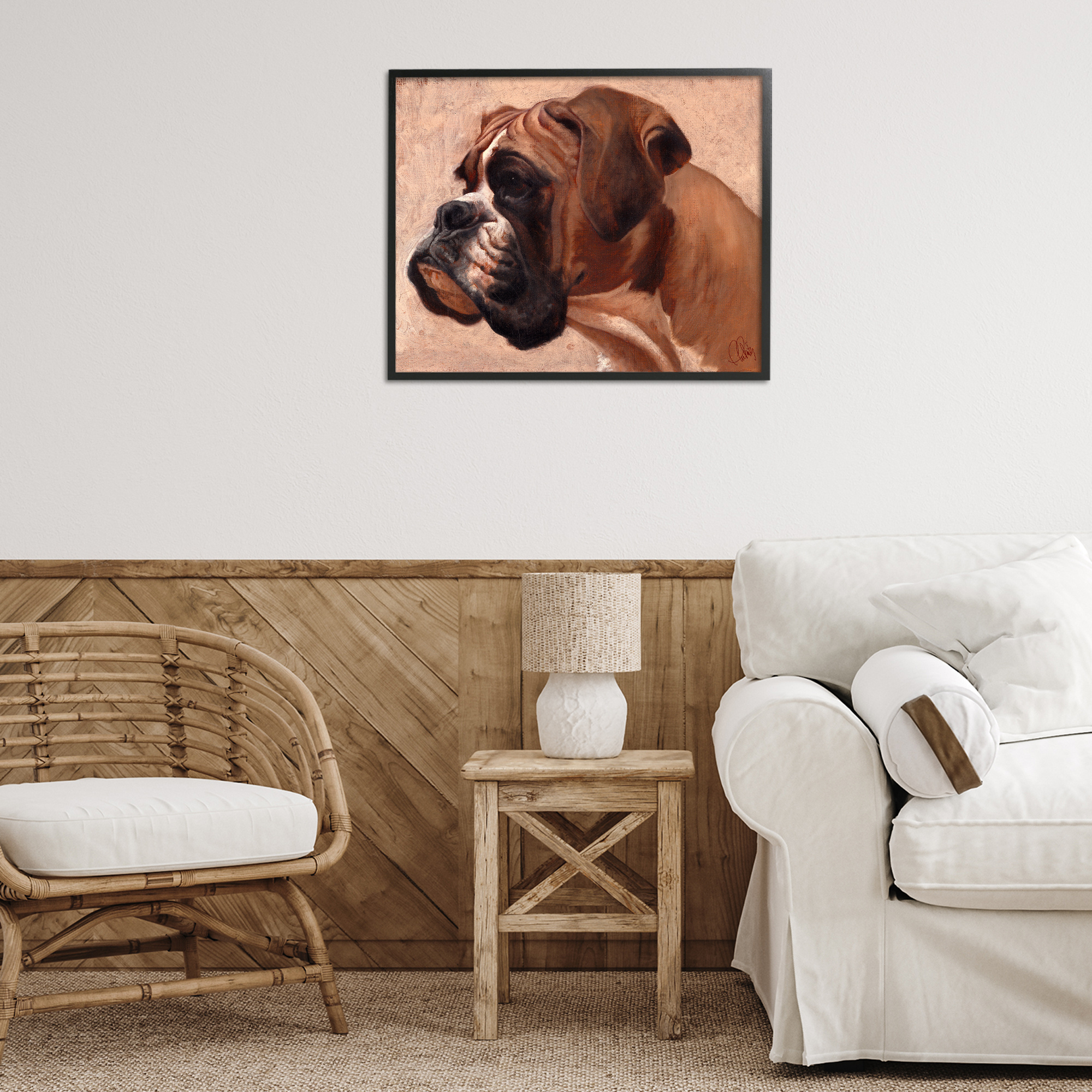 Stupell Industries Boxer Dog Neutral Portrait Animals & Insects Painting Black Framed Art Print Wall Art, 30 x 24