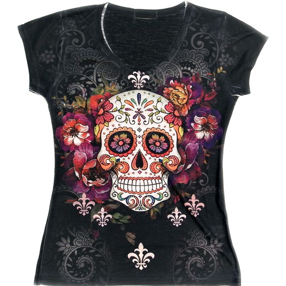 Sweet Gisele Sugar Skull V-Neck T Shirt Day of The Dead Rhinestones Bling for Women Black X-Large Black