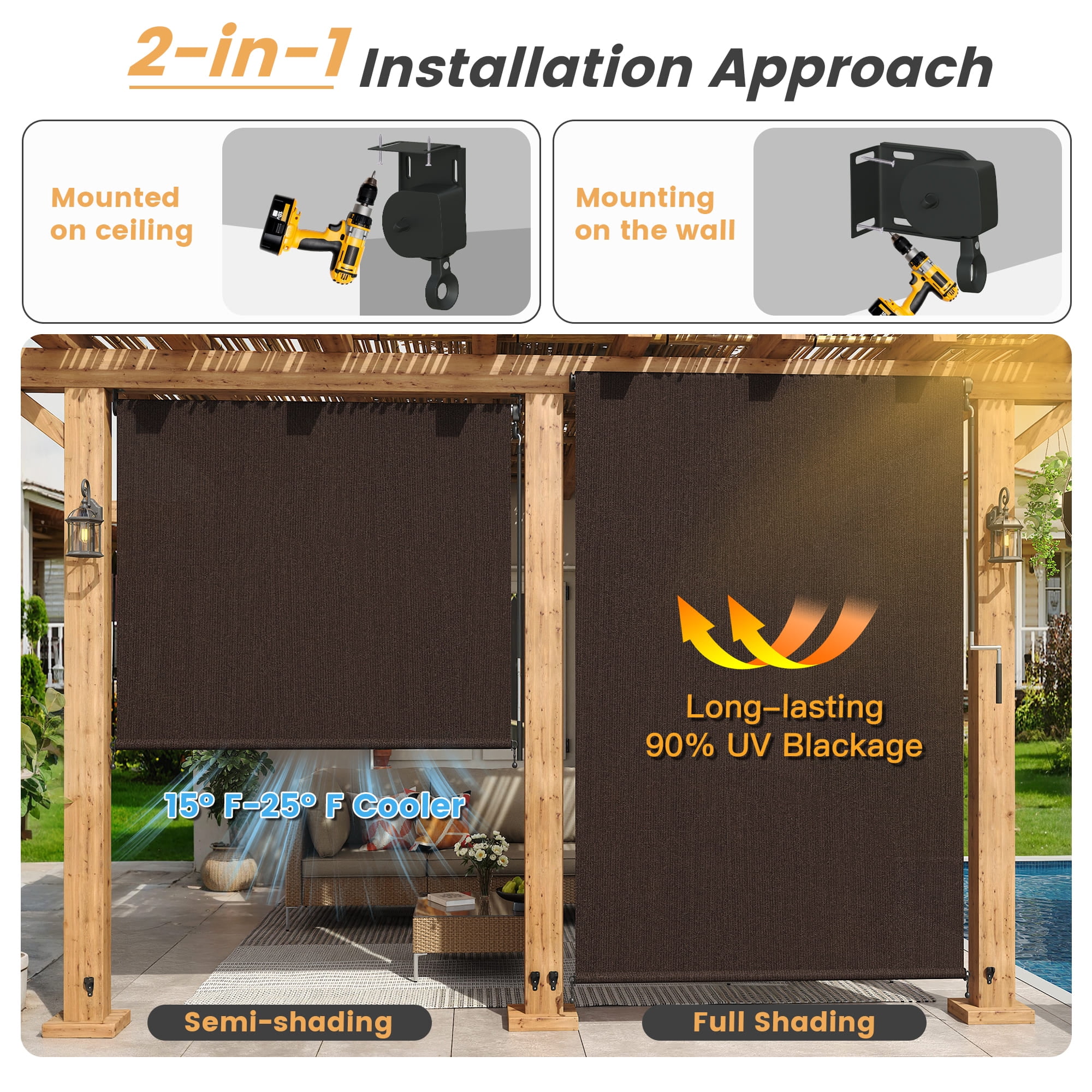 Vicllax 10'Wx8'H Outdoor Blind Sun Roller Shade for Patio Porch