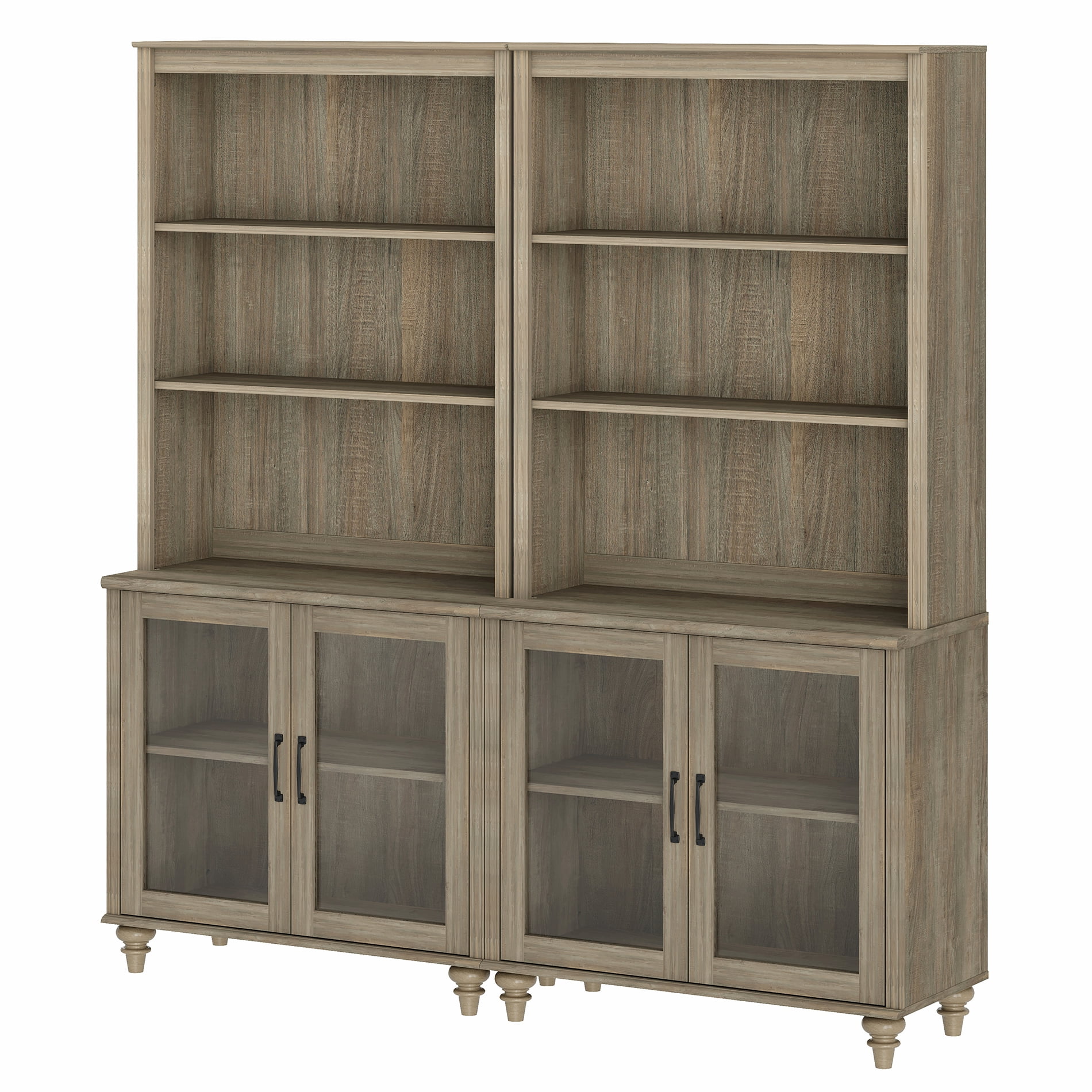 Farmhouse 5 Tier Bookcase With 4 Glass Doors, Wash Gray, 67.7" W