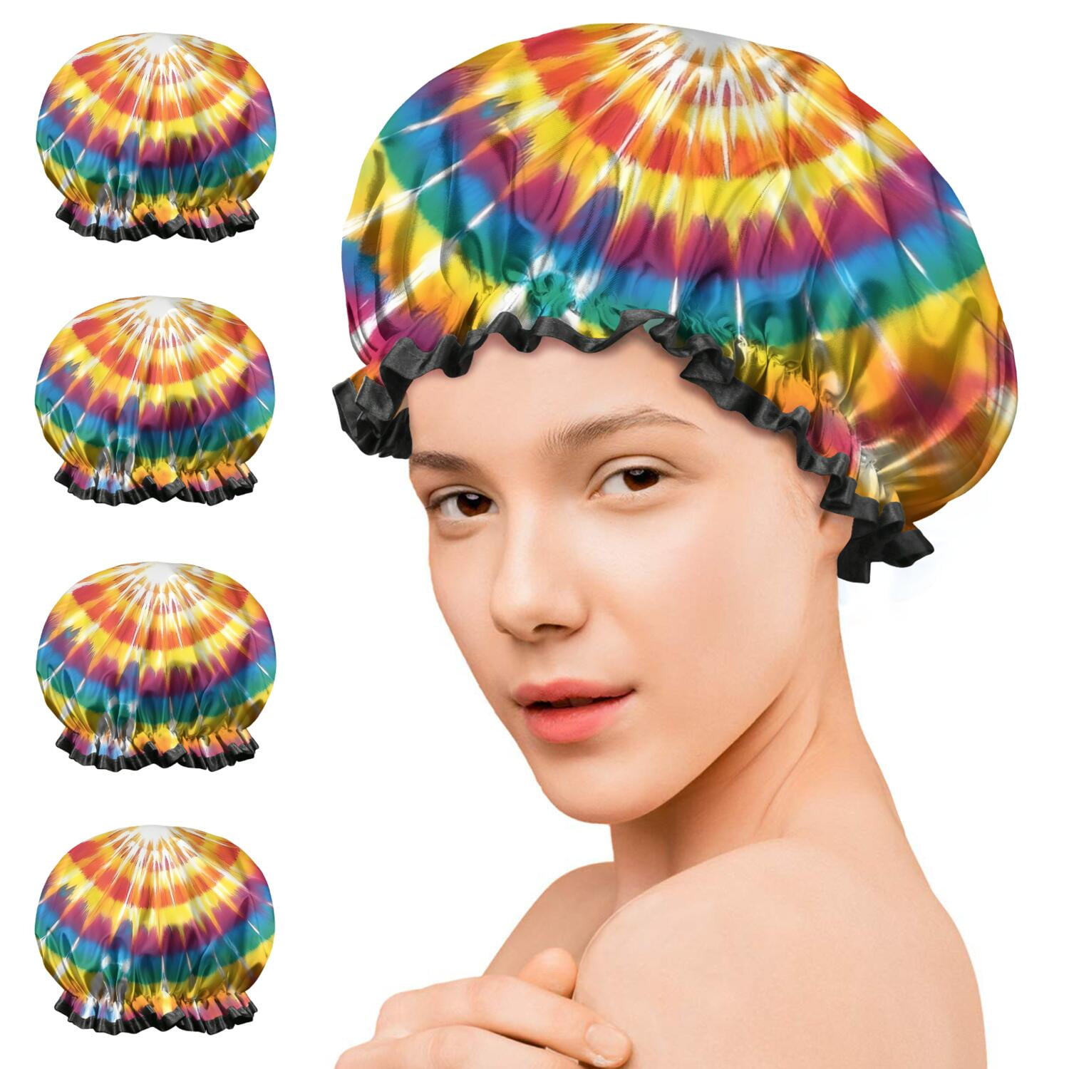 Shower Caps,Tie Dye Color Burst Pattern Waterproof Shower Cap for Women 4 Pieces,Double Reusable Hair Cover for Shower PEVA Elastic Stretch Hem