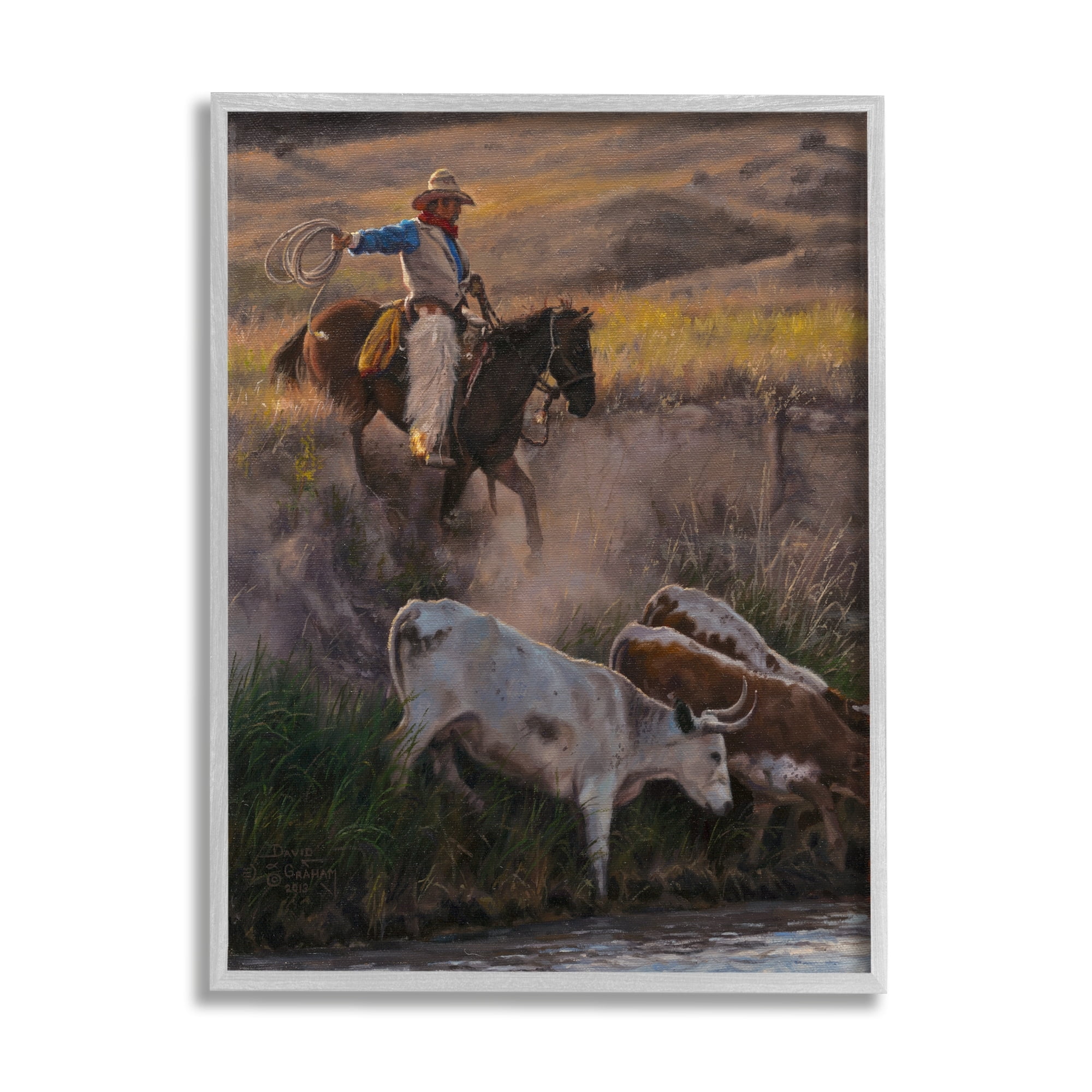 Stupell Industries Cowboy Rounding Up Cattle Lasso Animals & Insects Painting Gray Framed Art Print Wall Art