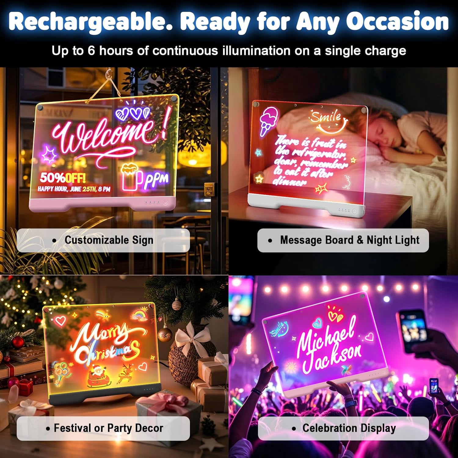 Rechargable "13.7"X10" LED Light-Up Dry Erase Board with 9-Color Neon Doodle Glow, Adjustable Lights Button & Stand - Night Light for Kids Room/Office/Gift, Includes 5 Markers (white)