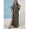 thumbnail image 6 of SHOWMALL Women's Plus Size Maxi Dress with Pockets, Valentine's Day Galentine's Self-Care Gift for Her, Black Ditsy Florals 3X Side Slit Short Sleeve Long Dress, 6 of 7