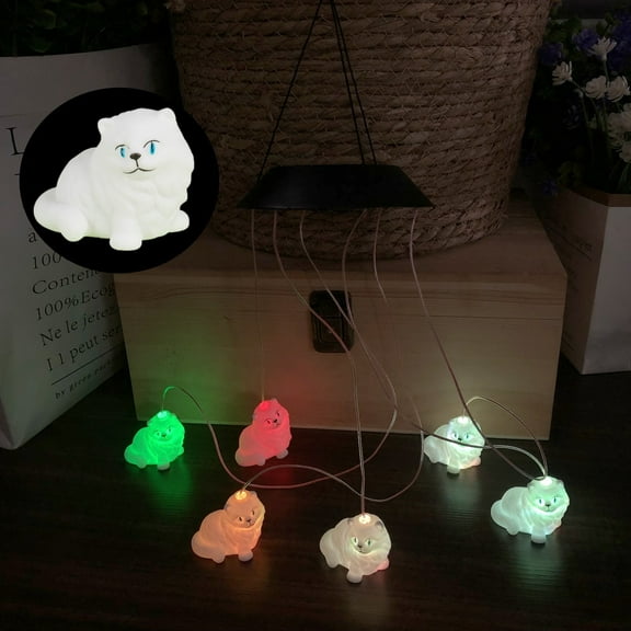 Cute White Persian Cat Wind Chime Light,Solar Powered Color Changing Little Cat Decorative Windchimes Light