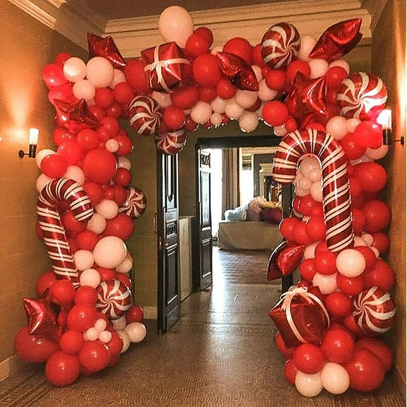 Christmas Balloon Garland Arch Kit 144 Pieces with Christmas Red White Candy Balloons Gift Box Balloons Red Star Balloons for Christmas Party Decorations