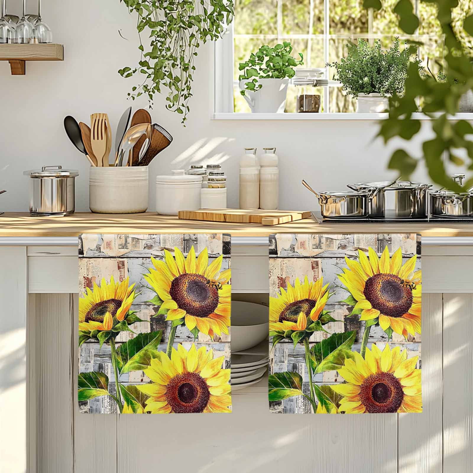 Sunflowers Kitchen Towels Set of 2, Botanical Floral Farmhouse Retro Wood Grain Absorbent Dish Towels for Kitchen, Microfiber Hand Towel, Quick Drying Tea Towel for Cleaning Decorative Dishcloths