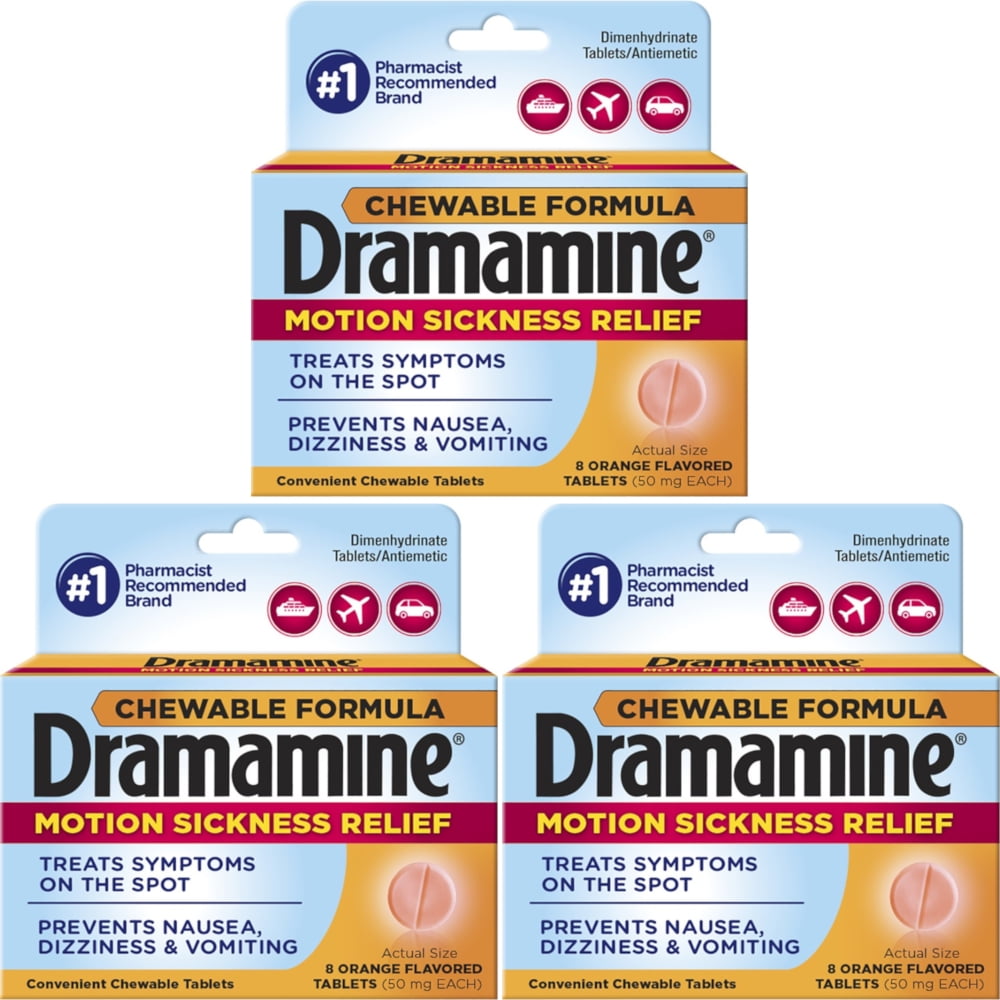 3 Pack Dramamine Motion Sickness Relief, Chewable Tablets Orange Flavor