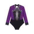 thumbnail image 6 of Doomiva Kids Girls Rhythmic Gymnastics Dance Leotard Sparkly Rhinestone Mesh Splice Bodysuit Figure Ice Skating Jumpsuit A Purple 10, 6 of 7