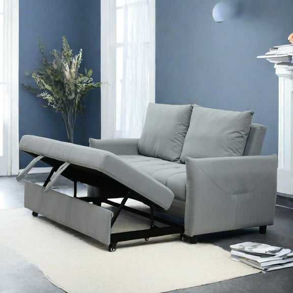 Blue Velvet Sleeper Couch, Convertible With Side Pockets & Cushion Back, For Living Area 3 In 1 Bed Linen Upholstery, Couch Space, Heavy Duty