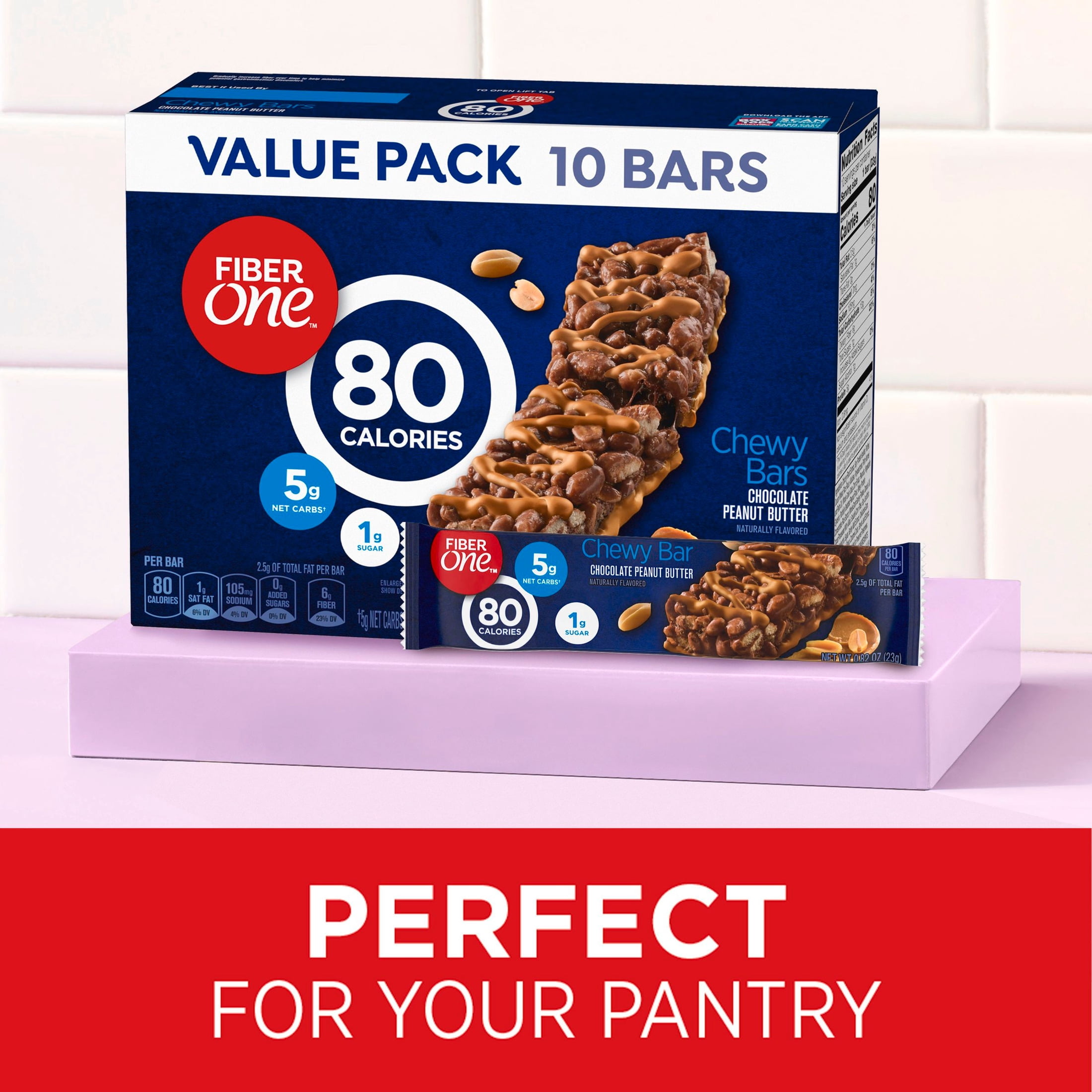 (2 pack) Fiber One 80 Calorie Chewy Bars, Chocolate Peanut Butter, Snack Bars Value Pack, 10 Ct, 8.2 oz