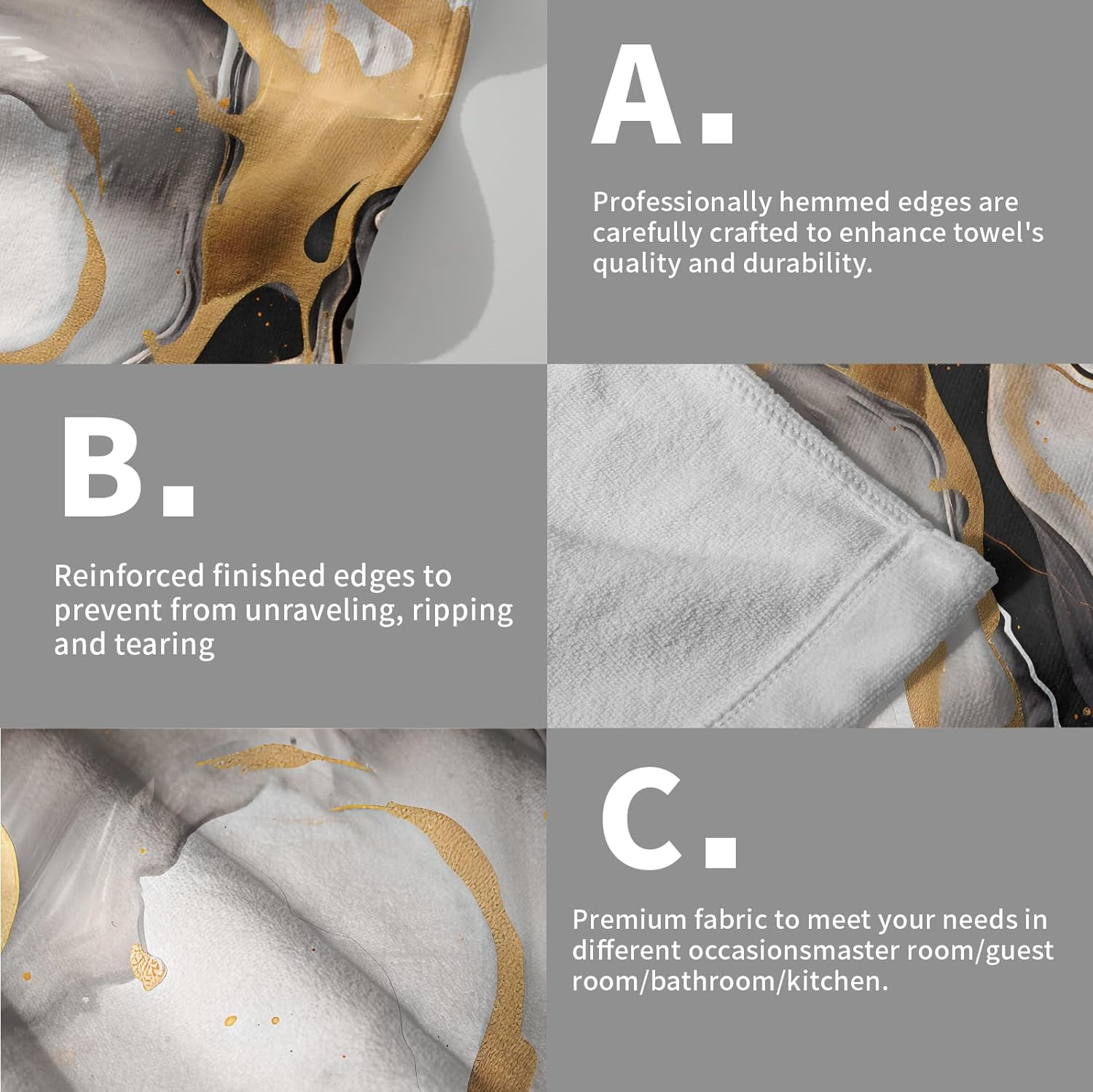 Marble Hand Towels for Bathroom - Grey Marble Bath Towel Set of 2 Abstract Luxury Gray  Marble with Gold Veins Texture Kitchen Dish Towels Decorative Towels for Guest Gym Spa