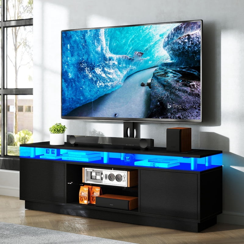 Uforic LED TV Stand with Mount & Power Outlet, Height Adjustable TV Mount for 75/65/60 inch TVs, Black