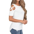 thumbnail image 2 of DYMADE Womens Criss Cold Shoulder Hollow Casual Tops Basic Solid T Shirts, 2 of 3