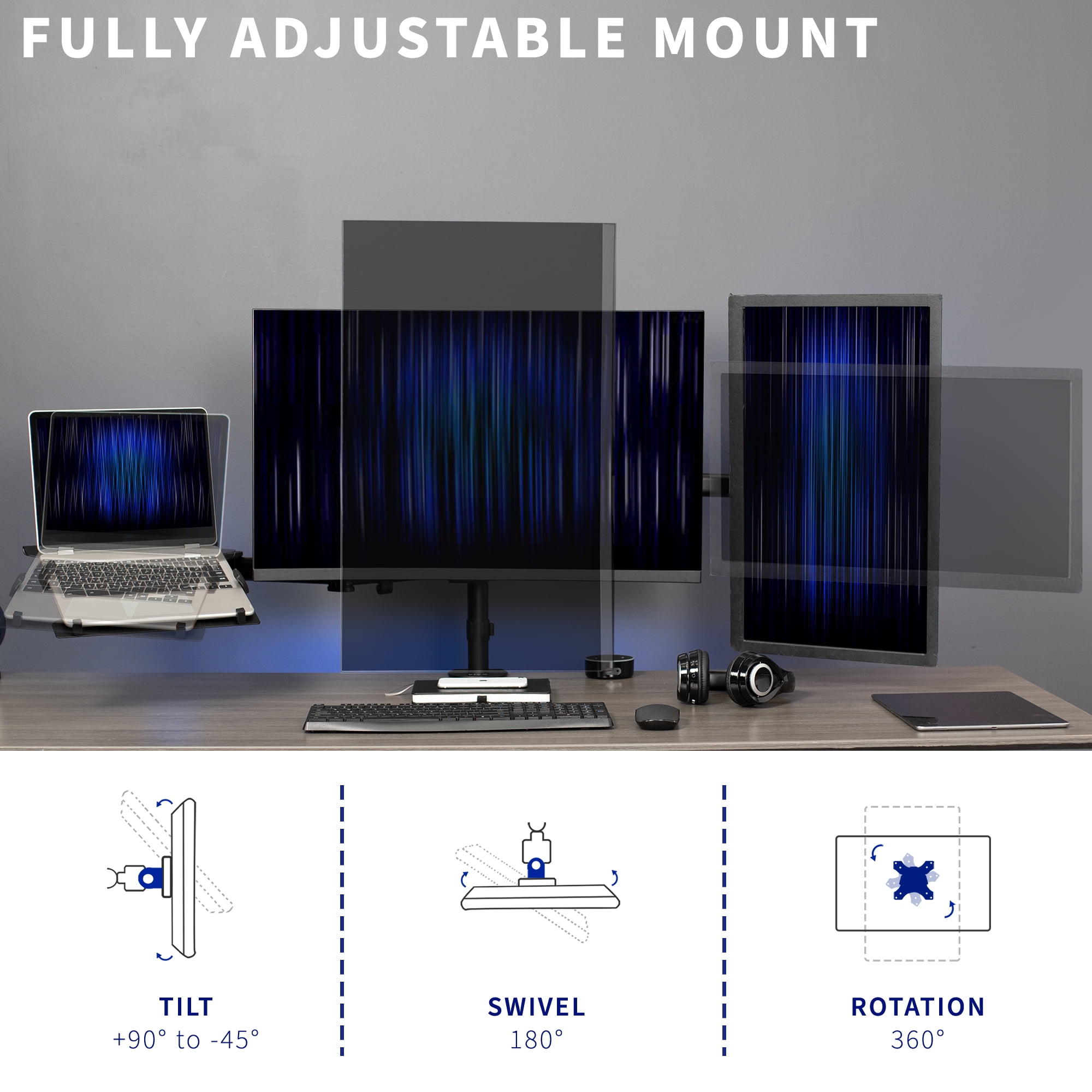 VIVO Dual 13" to 27" Monitor Mount with Laptop Holder, Horizontal Screen Display