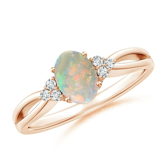 Angara Natural Opal Ring - Solitaire Oval Opal Split Shank Ring with Trio Diamonds for Women | October Birthstone Jewelry | 14K Rose Gold Opal Ring (Ring Size = 5)
