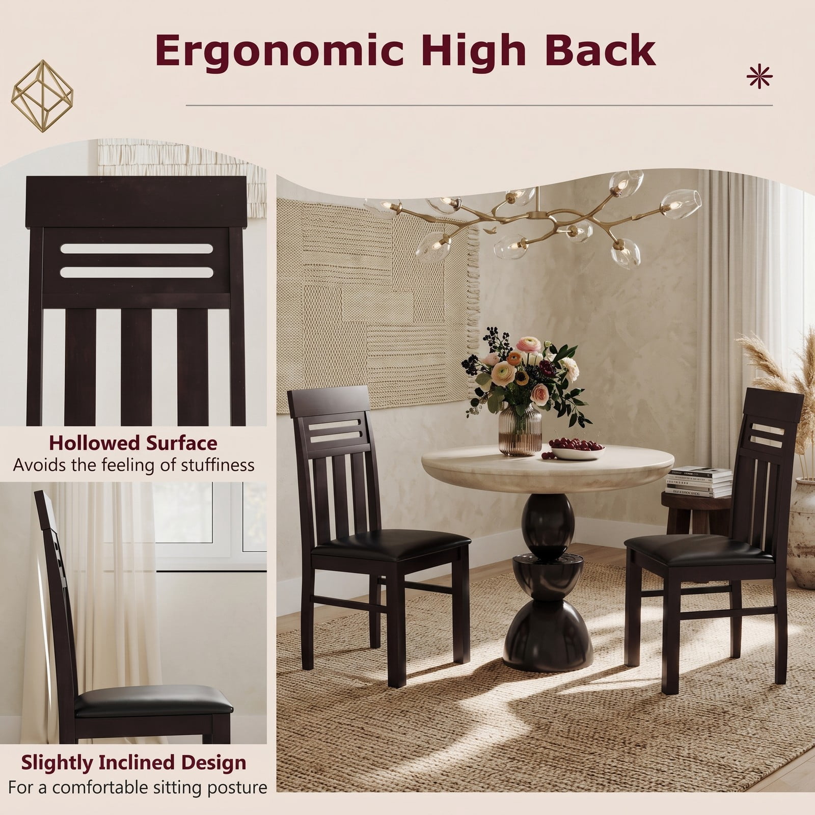Furnibear Dining Chairs Set of 2, High Back Upholstered Kitchen Chairs with Rubber Wood Legs, PU Leather & Faux Linen Padded Dining Room Chairs, 330 lbs Capacity, Brown