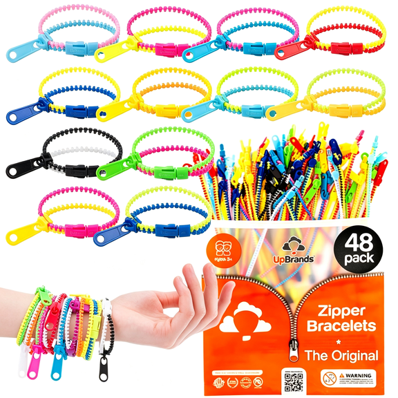 HHNOU 48 Fidget Toys Friendship Zipper Bracelets 7 ½”, Party Favors for Kids, Sensory Bulk Set Neon Colors, Kit for Valentines, Birthday, Goodie Bag, Easter Egg Basket Stuffers, Pinata Fillers