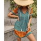 thumbnail image 2 of Vestido estampado para mujer Estilo de vacaciones Vestido de manga corta de verano Escote Corbata Falda informal para mujer Verde oscuro S, 2 of 6