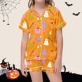 thumbnail image 2 of Weebloom Halloween Kids Girls Summer Pajamas Cute Ghost Soft Satin Pajamas Short Sleeve Button Down Shirt And Shorts Cute Printed Holiday Party Sleepwear Nightwear Pjs Loungewear 8-9 Years, 2 of 4
