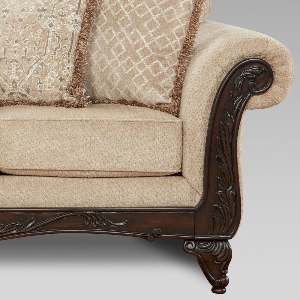 Roundhill Furniture Hernen Carved Wood Frame Sofa, Emma Wheat