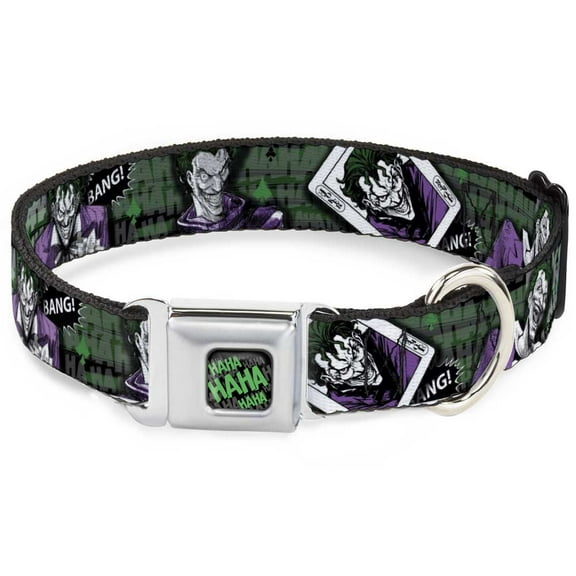 DC Comics Pet Collar, Dog Collar Metal Seatbelt Buckle, Joker Poses Joker Card Haha Smile Bang Gray Green Purple, 9.5 to 13 Inches 1.0 Inch Wide