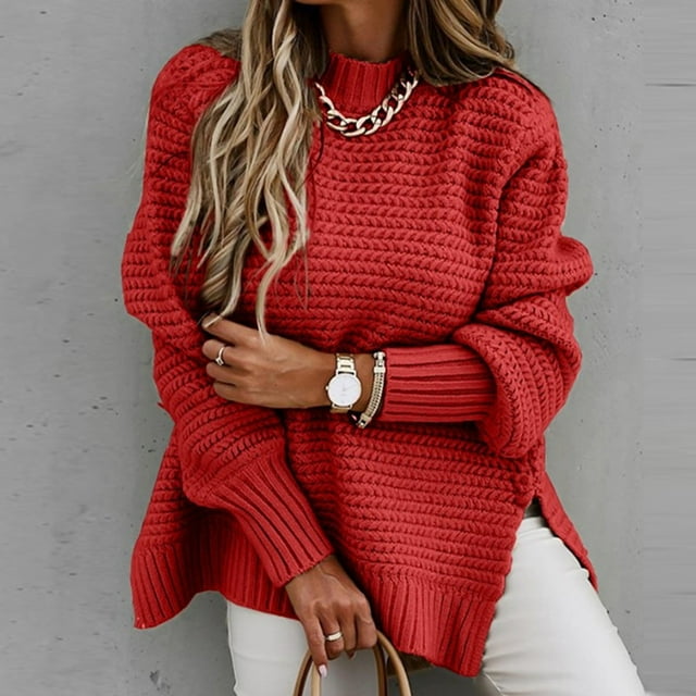 VgaVtl Chandails pour Femmes Grande Taille, Chandail à Enfiler Épais à Manches Longues, Chandails pour Femmes Rouges Unis en Tricot, Chandails de Loisirs
