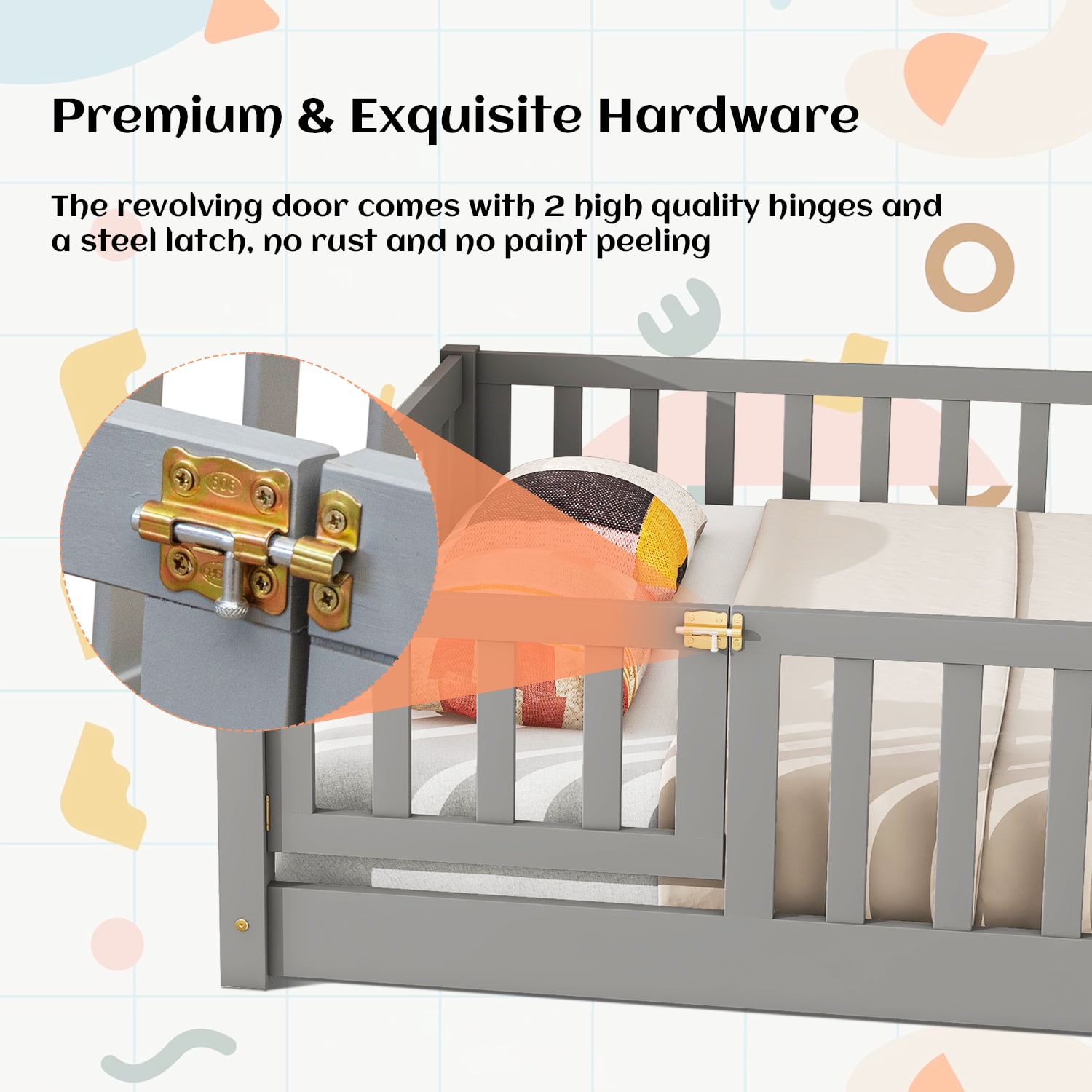 Queen Floor Bed for Children, Sturdy Wood Montessori Bed Frame with Wood Slats, Fence & Door, Montessori Floor Bed for Girls and Boys, Gray