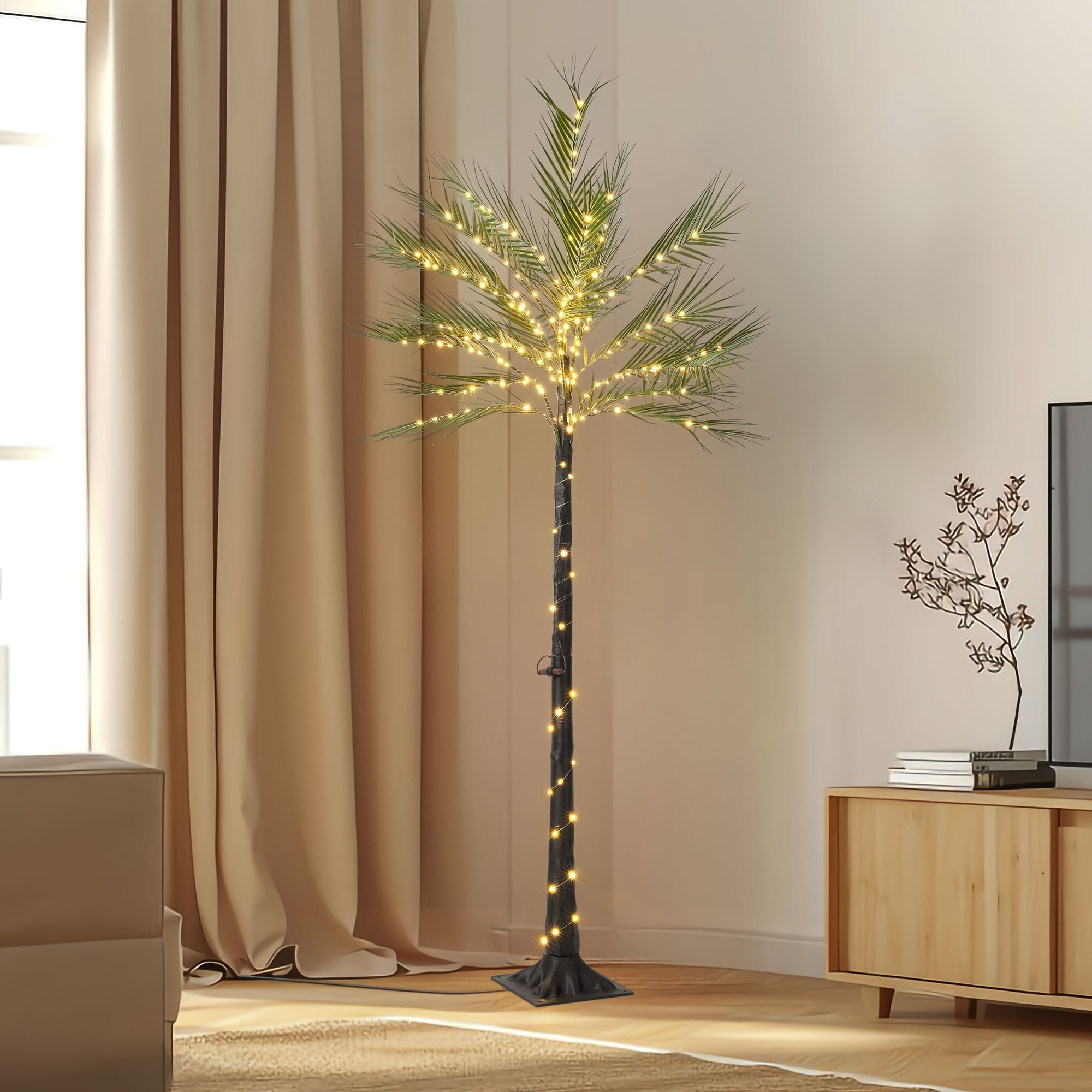 Lighted Artificial Palm Tree 6FT Fairy Lights, Faux Plant Tree with Lights, Artificial Silk Palm Tree Plant, Fake Tropical Plant, Home Office Floor Room Decor Plants Indoor Outdoor, Housewarming Gift