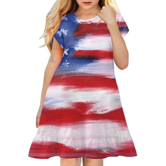 YUELONGHU Girls Fashion Dresses Girl Dresses Size 8 Cute Independence Day for Children Toddler 4Th of July 3D Graphic Printed Girls Short Sleeve Kids Casual Soft Party Dress 4-5 Years