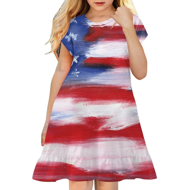 WEAIXIMIUNG Robes pour Enfants 12-14 Fête de l'Indépendance Formelle pour Enfants Tout-Petits 4 Juillet Imprimé Graphique 3D Filles Manches Courtes Robe de Fête Décontractée Douce 5-6 Ans