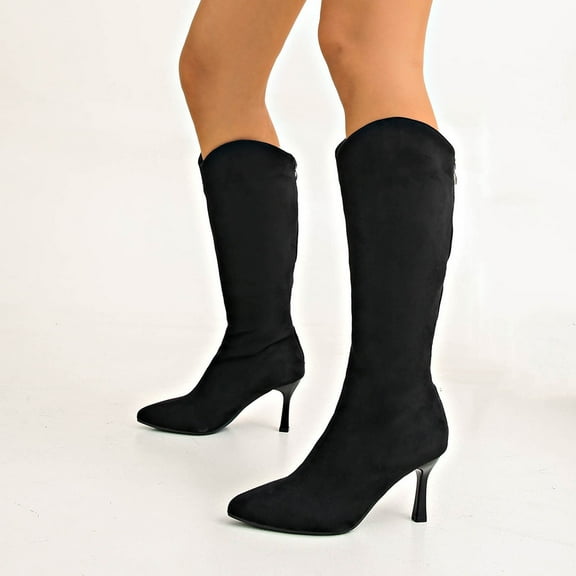 Wowcloth Women's Fashion Winter Knee-High Boots, Pointed Toe with Rear Zipper Closure, Slim High Heel Casual Dress Boots for Daily Wear and Cold Weather Outfits