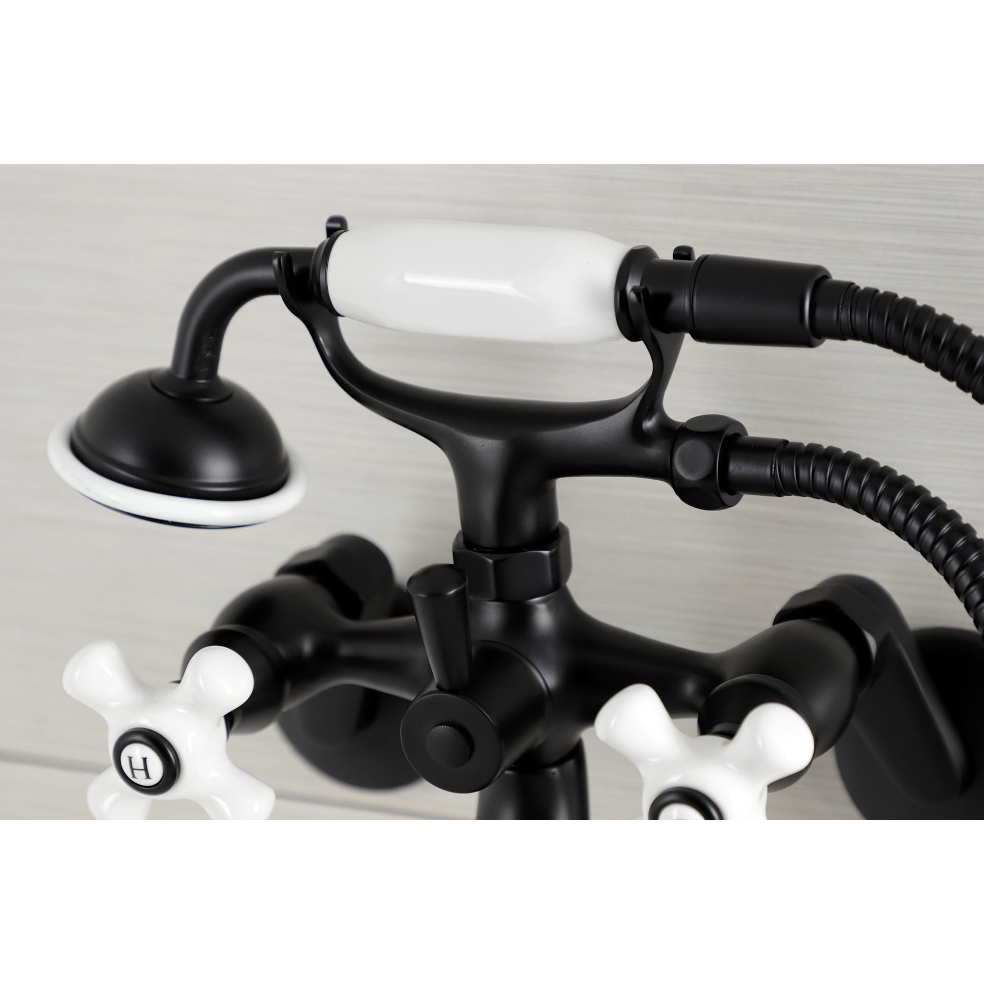 Kingston Brass KS226PXMB Kingston Three-Handle 2-Hole Wall Mount Clawfoot Tub Faucet with Hand Shower in Matte Black