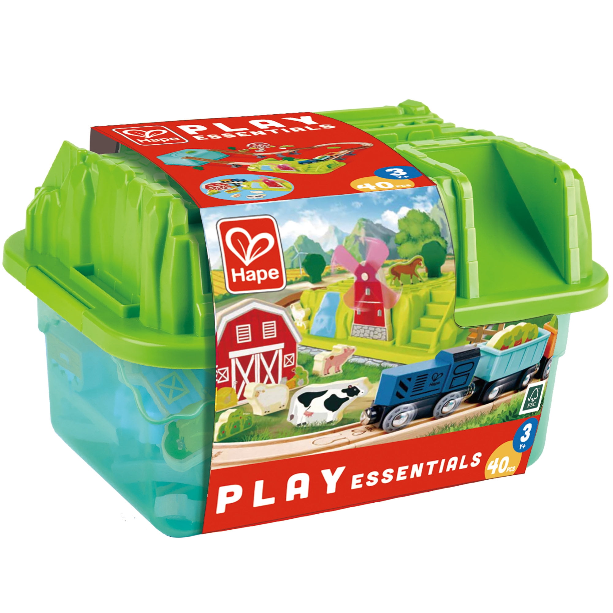 Hape: Farmyard Train Bucket Set - Wooden Train Animal Set, Building Toy, Storage Box, Build A Farm Landscape Around Your Train, Toddlers & Kids Age 3+