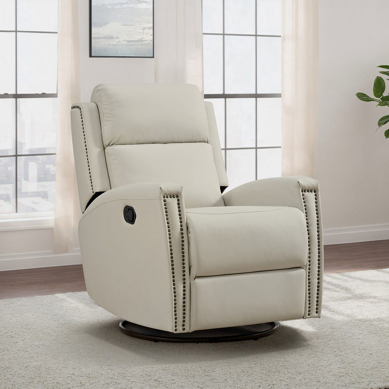 CHITA Faux Leather Swivel Glider Recliner with Nailhead Trim, Nursery Chair, Beige