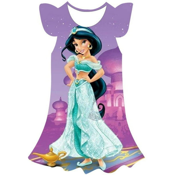Año 2023 nueva ropa de niños de Disney, falda bonita informal de verano, falda de cuello redondo de princesa jazmín, vestido de manga de pétalo con estampado 3D 6T Gao Jinjia LED