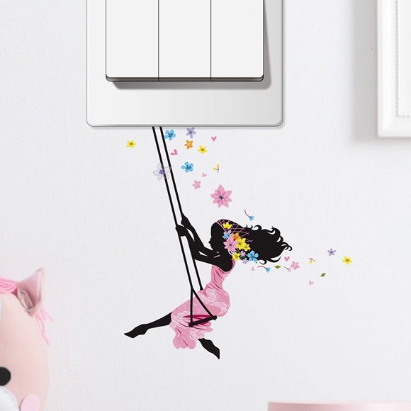 yeuweold 4Pcs Fairy Girl Switch Stickers Beautiful Girl with Flowers & Butterflies Wall Stickers Girl Nursery Wall Decals Removable Light Switch Wall Clings for Girls Bedroom Home Decor