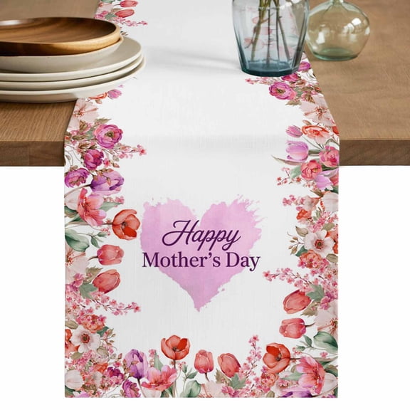Mother's Day Table Runner 60 Inches, Spring Watercolor Flowers Purple Love Heart Bed Runner Dresser Scarves Tabletop for Indoor Outdoor Parties/Ceremony/Banquet, 13" x 60"