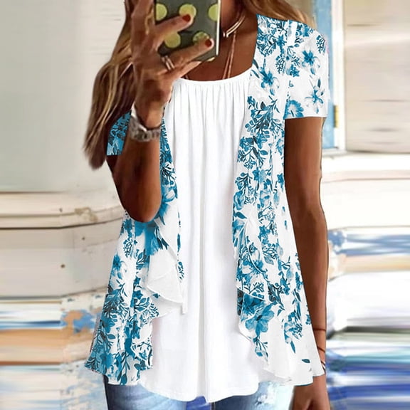 DailyTrove Women's Floral Print Open Front Cardigan - Short Sleeve Lightweight Sweater, Boho for Layering & Beach