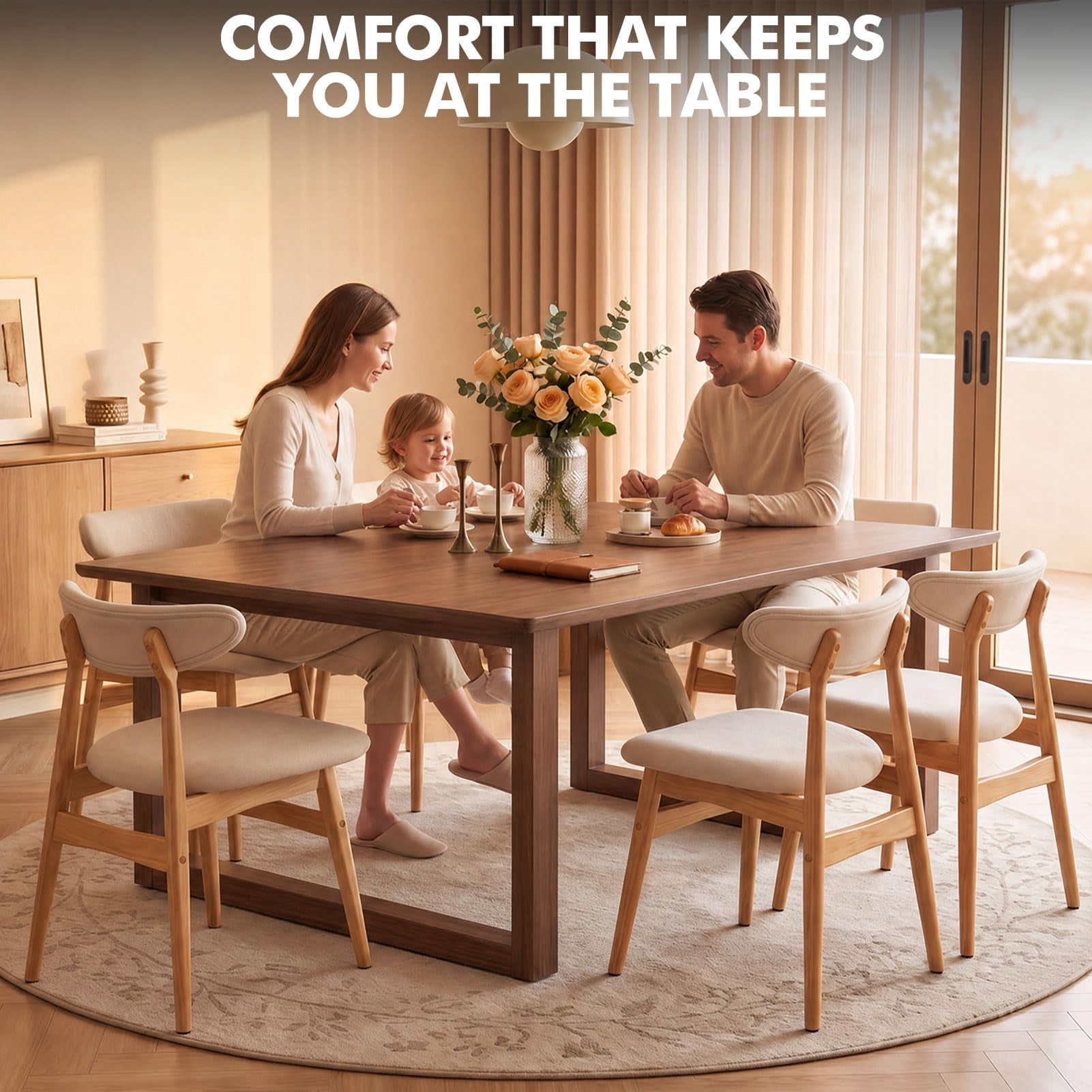 Upholstered Dining Chairs Set of 2, Lumbar-Ergonomic Backrest Chairs with Adjustable Foot Pads