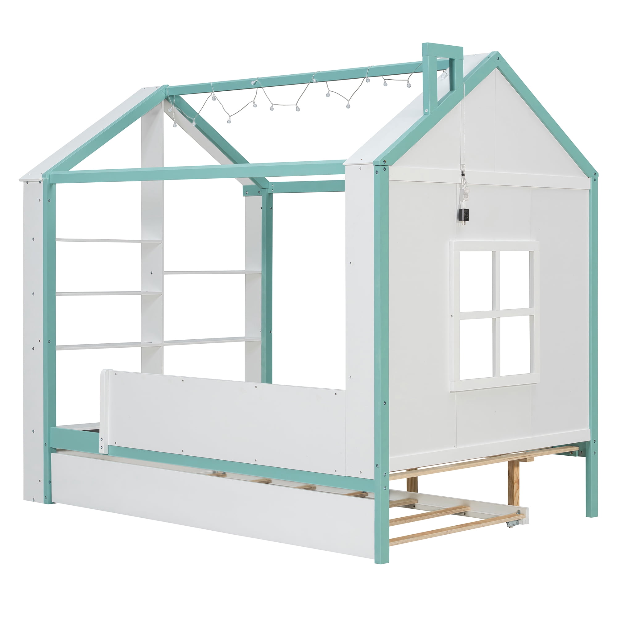 Full Size House Bed Frame with Pull-Out Trundle, Tail End Storage Shelves and Cool White LED Lights, White+Blue