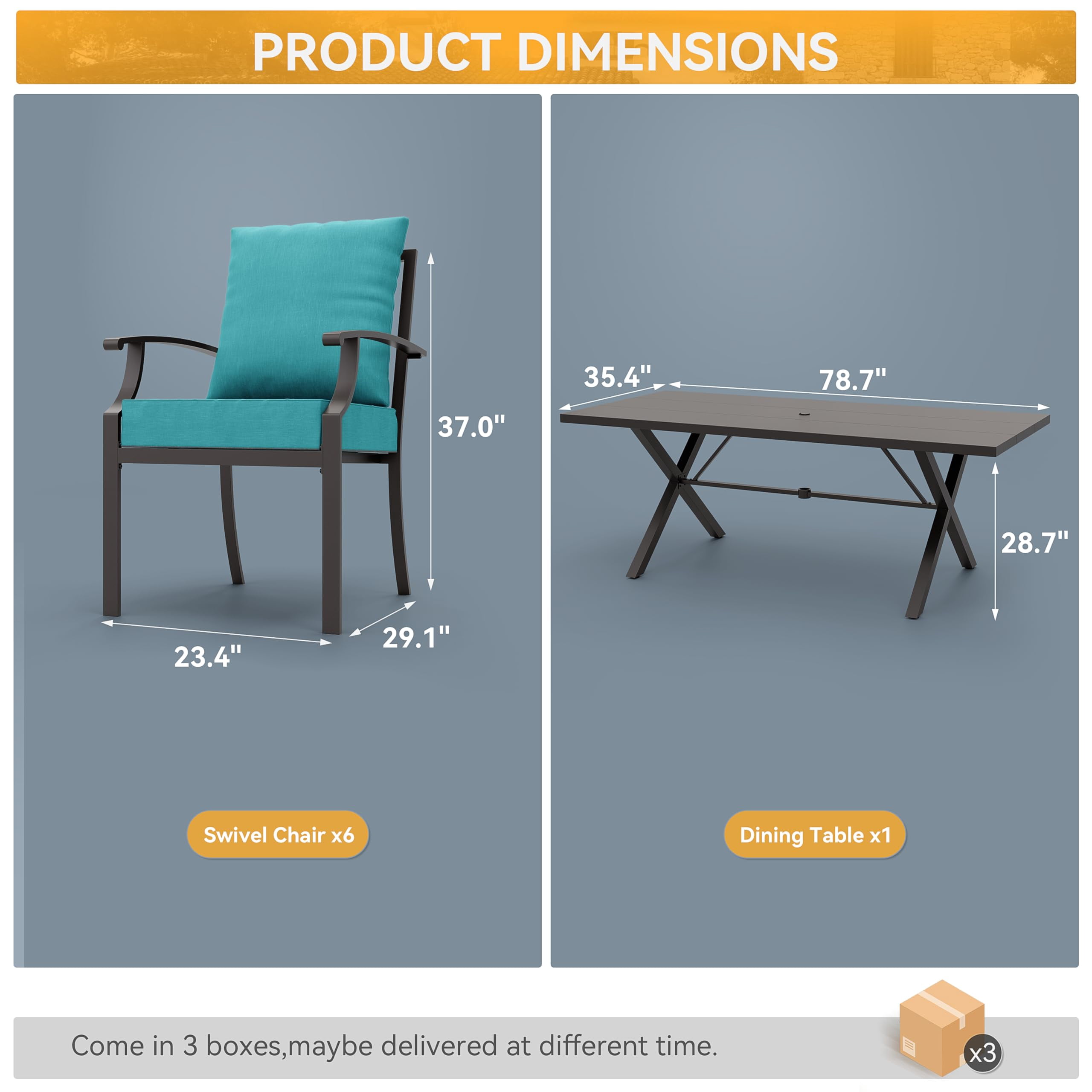 ALAULM 7-Piece Outdoor Patio Dining Set with Rectangle Metal Table and Chairs, Blue