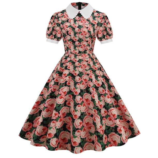 ICHUANYI Clearance Women Printing Short Sleeve Puff Sleeves Lace Zipper Dress A-Line Skirt(Hot Pink, M) ICHUANYI WER2023081106624